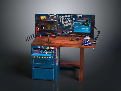 Blue Sideboard with Wooden Top Toy Cars Table Lamp Screen Showing WELCOME Graffiti and Drawers 3d model