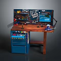 Blue Sideboard with Wooden Top Toy Cars Table Lamp Screen Showing WELCOME Graffiti and Drawers
