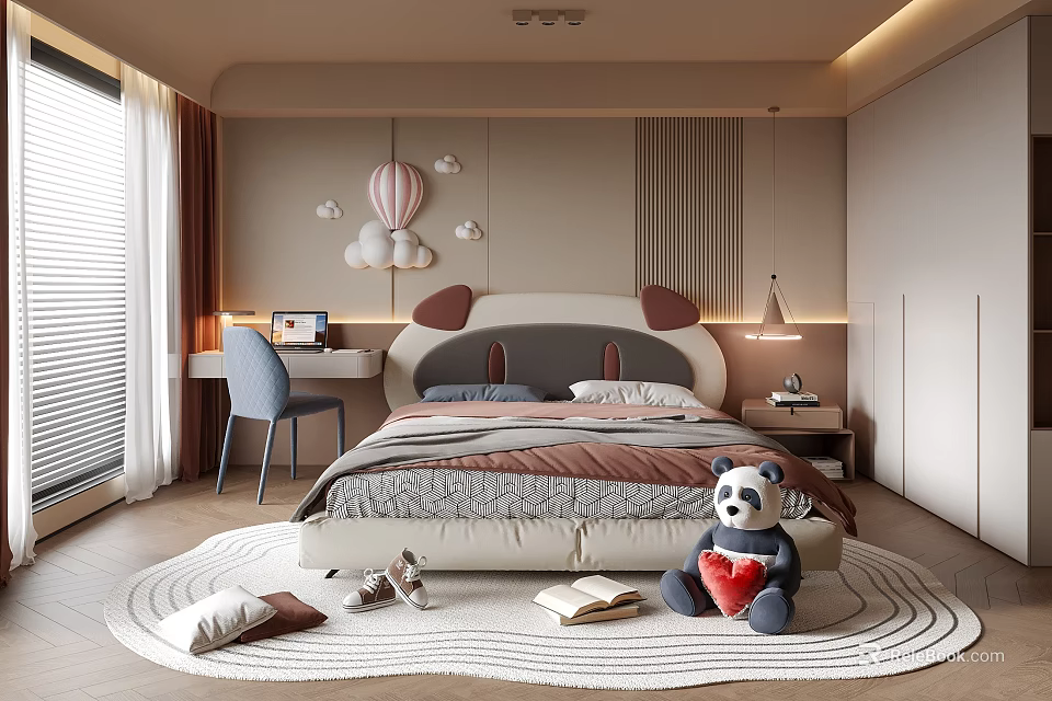 Cute Kids Room Interior Design With Panda Stuffed Toy Bed Rug Desk And Balloon Decor 3d model 