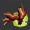 Red Dragon Game Movie Character with Colorful Wings and Tail on Green Platform with Plants