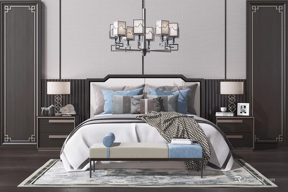Elegant Modern Double Bed Interior With Bedside Tables Lamps Pillows And Chandelier 3d model 