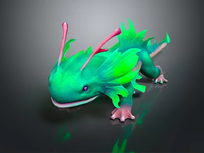 Vibrant Green Fantasy Creature With Pink Antennae And Feathery Frills On Dark Surface 3d model