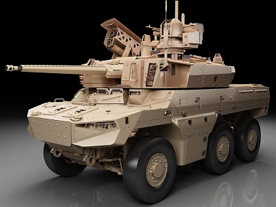 Sand Colored Six Wheeled Military Armored Vehicle With Turret And Missile Launcher 3d model