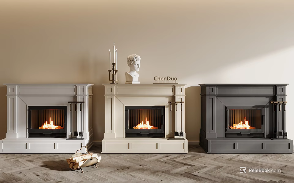 Elegant Fireplaces In Different Colors With Decor And Herringbone Floor 3d model 