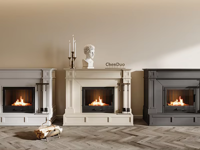 Elegant Fireplaces In Different Colors With Decor And Herringbone Floor 3d model