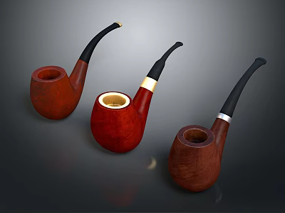 Unique Handmade Wooden Smoking Pipes With Various Designs Dark Brown Red Tones And Stem Accents 3d model