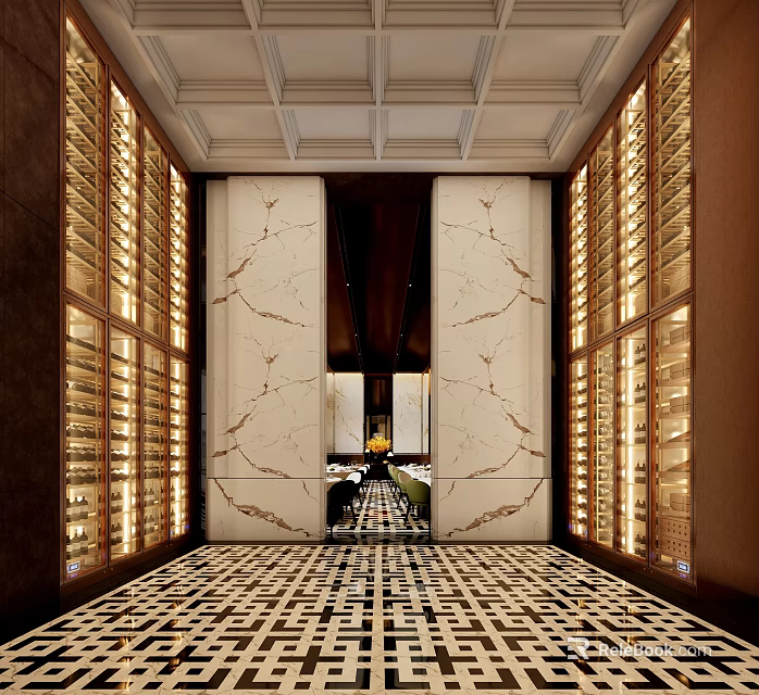 Luxury Boutique Store Interior With Marble Walls Wine Racks Illuminated Lighting And Patterned Floor 3d model 