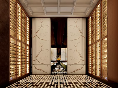 Luxury Boutique Store Interior With Marble Walls Wine Racks Illuminated Lighting And Patterned Floor 3d model