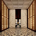 Luxury Boutique Store Interior With Marble Walls Wine Racks Illuminated Lighting And Patterned Floor