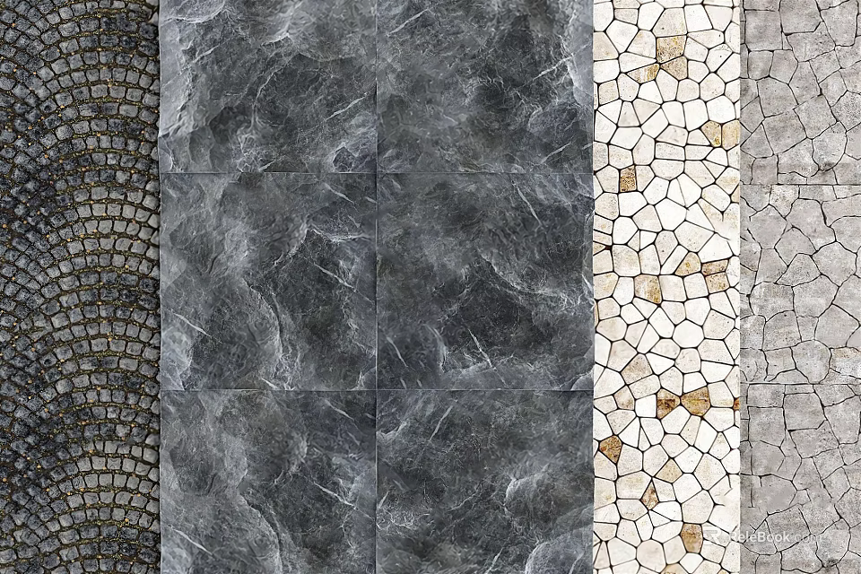 Textured Wall Surface With Dark Mosaic Tiles Gray Stone And Light Square Tile Designs 3d model 