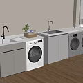 Modern Laundry Room With Double Washing Machines Sinks Cabinets And Wooden Floor