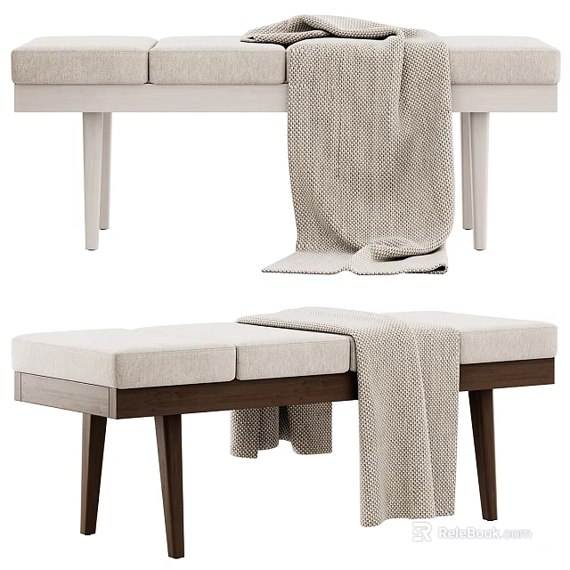 Light Beige Upholstered Sofa Bench With Linen Blanket And Wooden Legs 3d model 