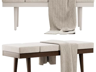 Light Beige Upholstered Sofa Bench With Linen Blanket And Wooden Legs 3d model