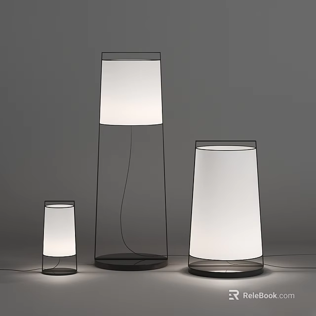 Three Modern Floor Lamps With Various Sizes Metal Frames And White Shades 3d model 