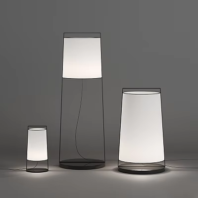 Three Modern Floor Lamps With Various Sizes Metal Frames And White Shades 3d model