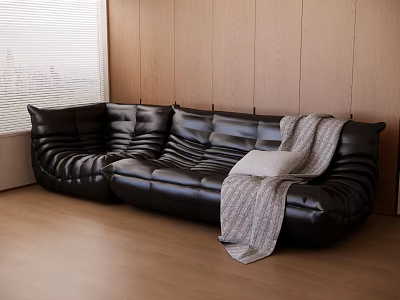 Black Leather Sectional Sofa with Gray Throw Blanket White Pillow and Wooden Wall 3d model