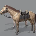 Two Saddled Horses With Different Coat Colors Standing On Gray Background