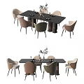 Modern Dining Table Set With Rectangular Black Table Multi Colored Chairs And Decorative Plants 3d model
