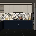 Modern Kitchen With White Dark Blue Cabinets Marble Backsplash Black Tiled Floor And Window Blinds