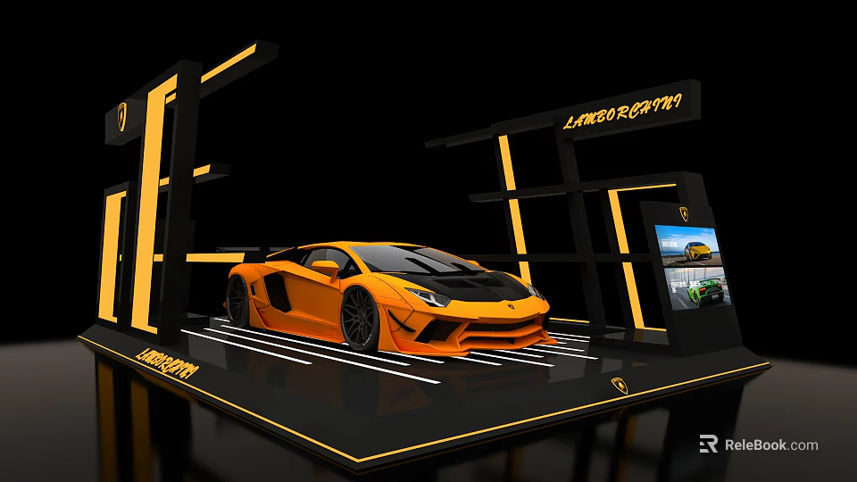 Display Shelf Showcasing Lamborghini Sports Car With Black Yellow Design And Display Screen 3d model 