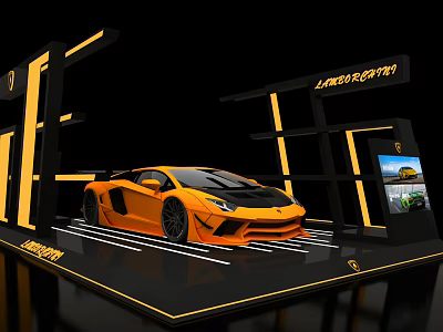 Display Shelf Showcasing Lamborghini Sports Car With Black Yellow Design And Display Screen 3d model