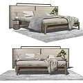 Modern Double Bed Interior With Woven Headboard Wooden Frame Pillows Blanket And Nightstand On Rug