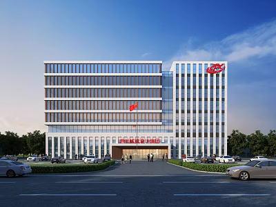 Modern Office Building Exterior With Glass Windows Red Signage And Parking Area 3d model