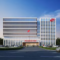 Modern Office Building Exterior With Glass Windows Red Signage And Parking Area