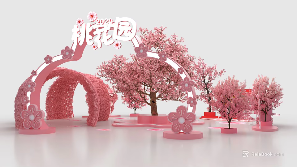 Floral Art Installation with Pink Cherry Blossom Trees Arch Decorations and Peach Garden Elements 3d model 