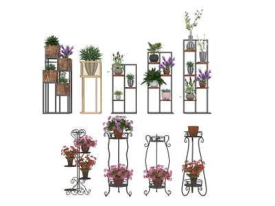Bonsai and Potted Plants Displayed on Various Stylish Plant Stands with Green Plants and Colorful Flowers 3d model
