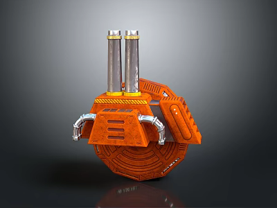 Orange Industrial Equipment With Silver Cylindrical Pipes On Top Circular Base And Side Mechanical Arms 3d model
