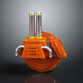 Orange Industrial Equipment With Silver Cylindrical Pipes On Top Circular Base And Side Mechanical Arms