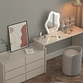 White Vanity Table With Curved Mirror Gold Lamp And Gray Stool On Wooden Floor