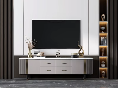 Modern TV Stand with Drawers Metal Legs Decorative Items Shelves and Books 3d model