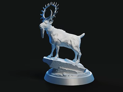 Detailed White Goat Sculpture Carving With Large Antlers On Rock Base 3d model