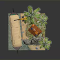Miniature 3D Scene Model With Palm Trees Small House Boat Excavator And Water