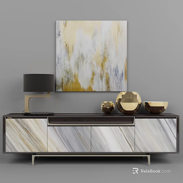 Modern Interior With Marble Cabinet Black Lamp Golden Decor And Abstract Painting 3d model 