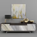Modern Interior With Marble Cabinet Black Lamp Golden Decor And Abstract Painting