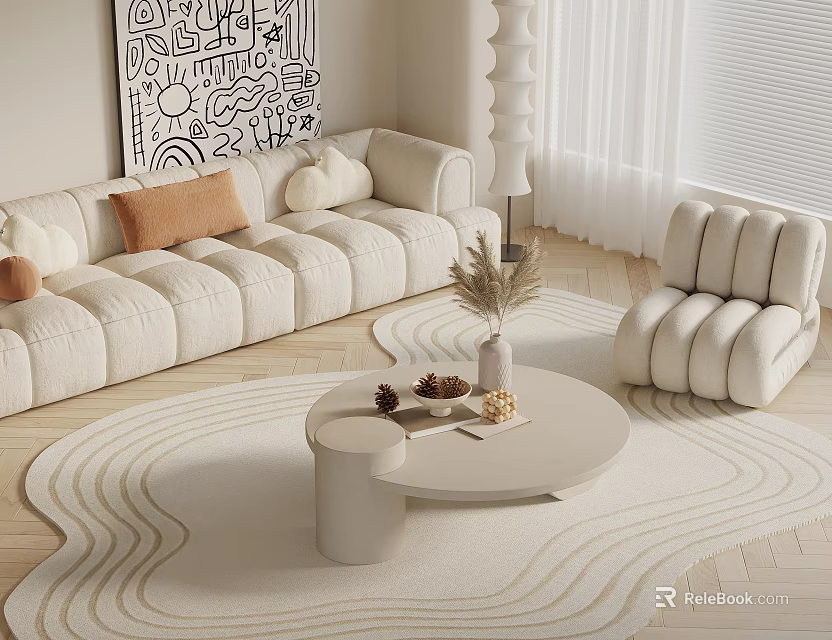 Modern Cream Sofa Coffee Table Set With Armchair Wave Rug Abstract Art And Pillows 3d model 