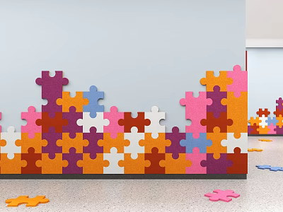 Colorful Puzzle Pieces Wall with Wave Pattern Purple Blue Orange Pink and Scattered Floor Pieces 3d model
