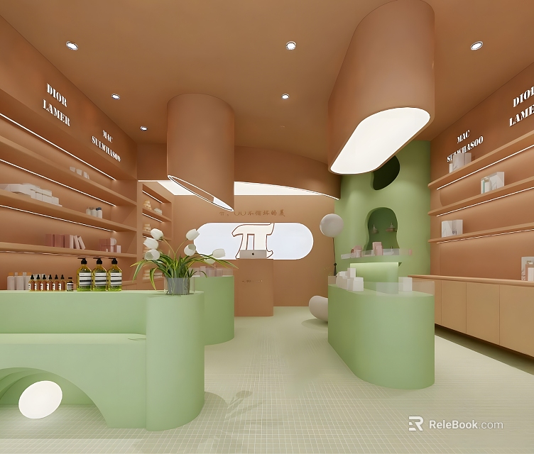 Modern Specialty Store Interior With Pastel Green Pink Decor Curved Shelves And Display Counters 3d model 