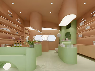 Modern Specialty Store Interior With Pastel Green Pink Decor Curved Shelves And Display Counters 3d model