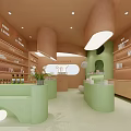Modern Specialty Store Interior With Pastel Green Pink Decor Curved Shelves And Display Counters