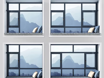 Bay Window With Scenic Mountain View And Soft Pillows On Window Sill 3d model