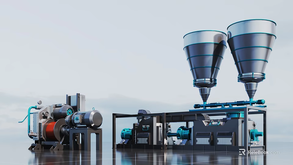 Industrial Machinery Setup With Cone Shaped Hoppers Blue Pipes Motors And Metal Structures 3d model 