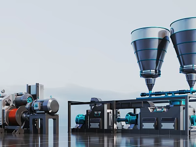 Industrial Machinery Setup With Cone Shaped Hoppers Blue Pipes Motors And Metal Structures 3d model