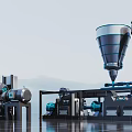 Industrial Machinery Setup With Cone Shaped Hoppers Blue Pipes Motors And Metal Structures