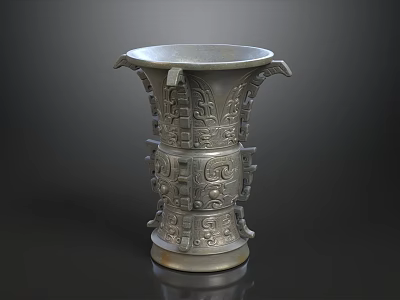 Intricate Carved Bronze Gu Shaped Vessel With Base And Metallic Texture On Dark Background 3d model