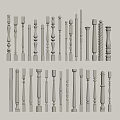 Decorative Balusters with Various Designs and Styles Arranged on White Background