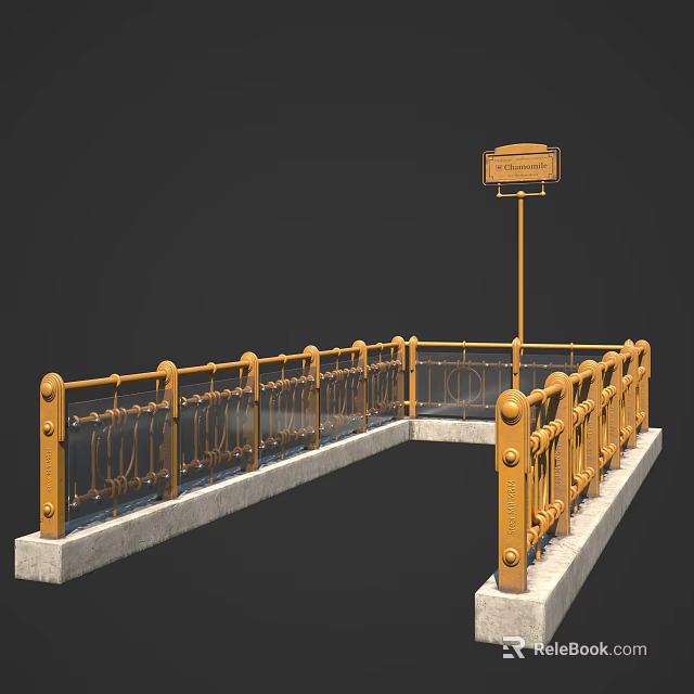 Yellow Ornate Metal Railings with Concrete Base and Signboard on Platform 3d model 